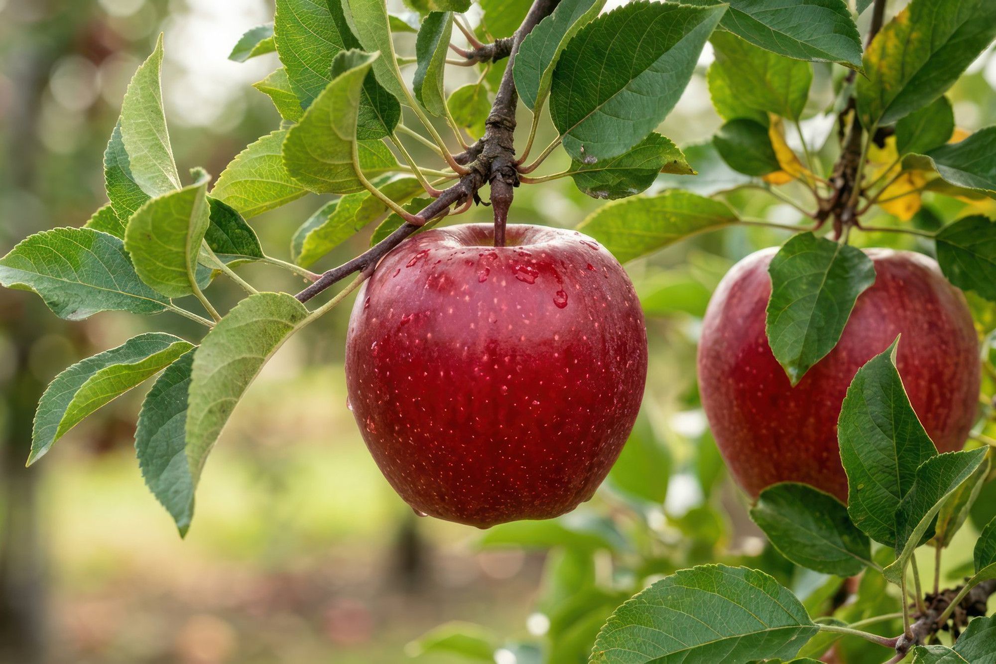 Red apple on a branch in the orchard