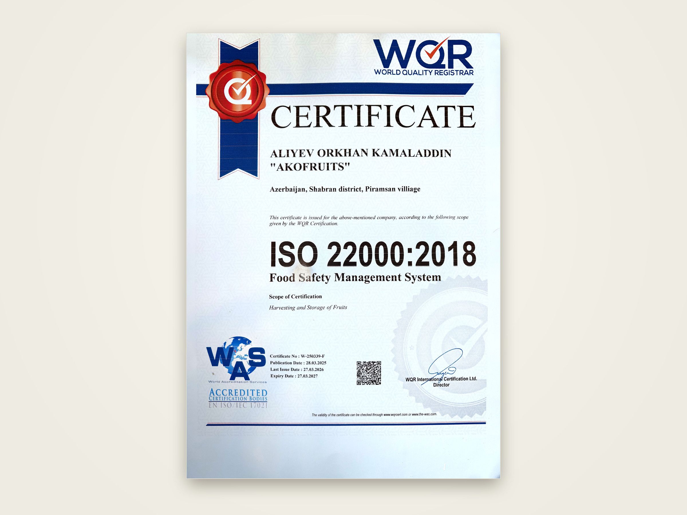 Akofruits ISO 22000:2018 food safety management certificate