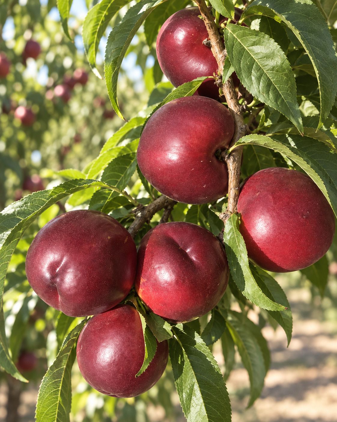 Ripe red nectarines on the branch