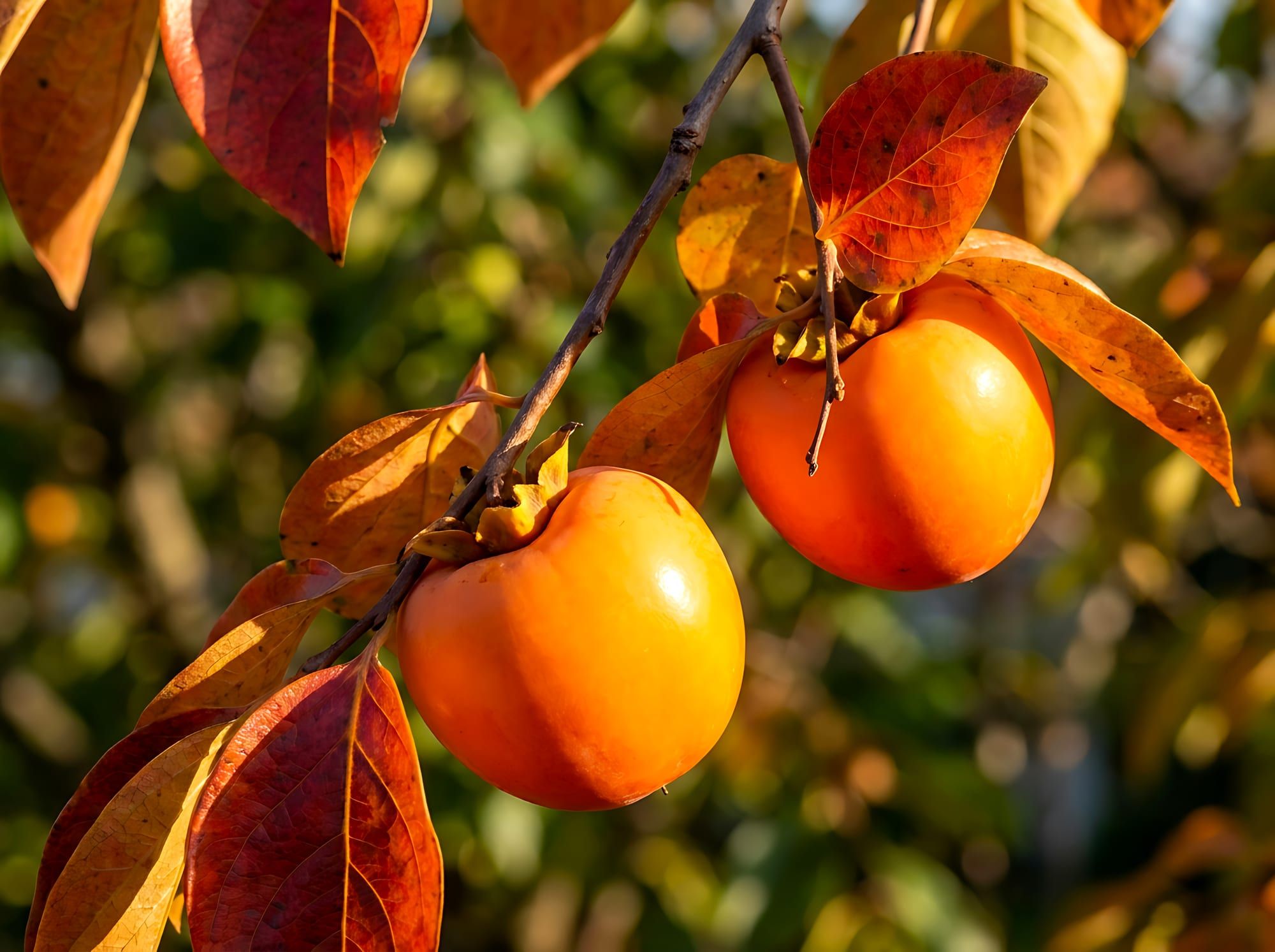 Ripe persimmons among autumn leaves on the branch