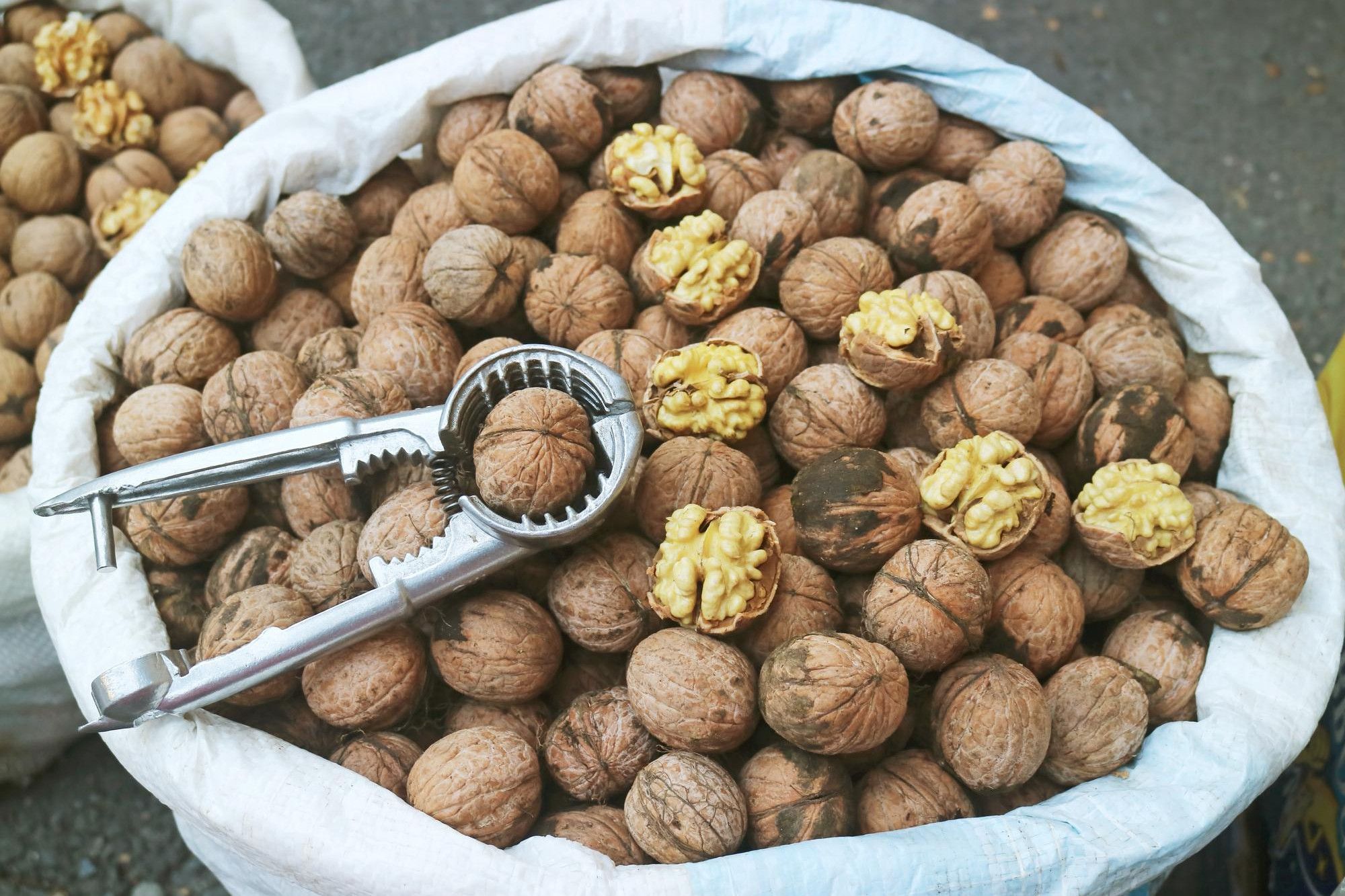In-shell walnuts and kernels in a sack, with a nutcracker